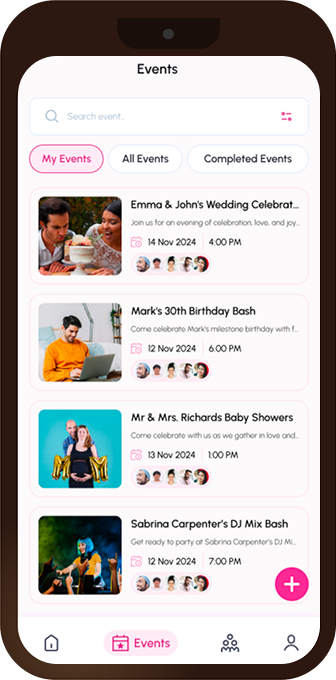 Gifts and Fests app screenshot showing event management features